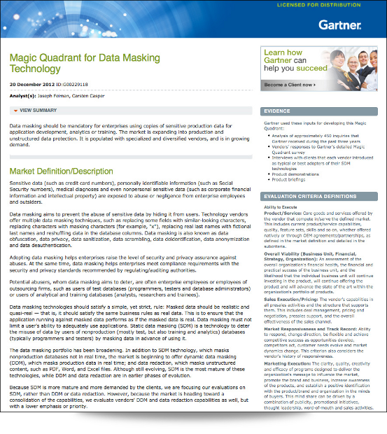Gartner Magic Quadrent for Data Masking Report